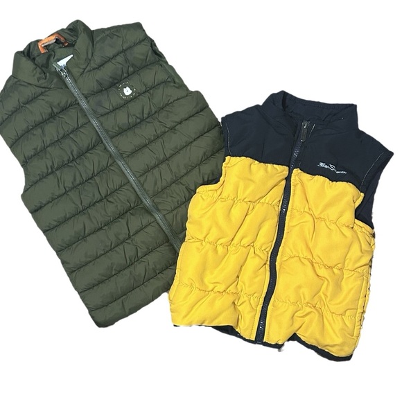 BUNDLE 2 Puffer Vests for Toddler Boy size 3T Olive Green and Navy/Yellow Zip Up - Picture 9 of 11